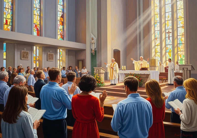 Ludzie w kościele podczas mszy, kapłan w stroju liturgicznym błogosławi zgromadzonych.