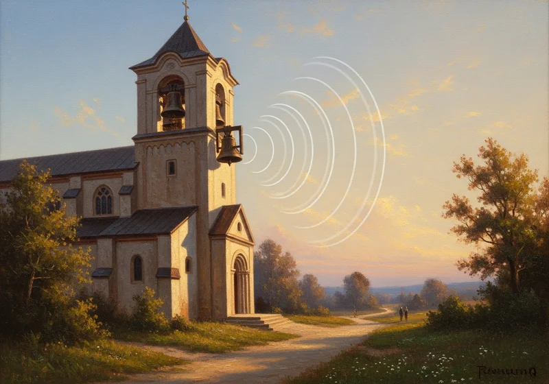 Dzwony kościelne biją na tle zachodzącego słońca, nadając dźwięk całej okolicy.