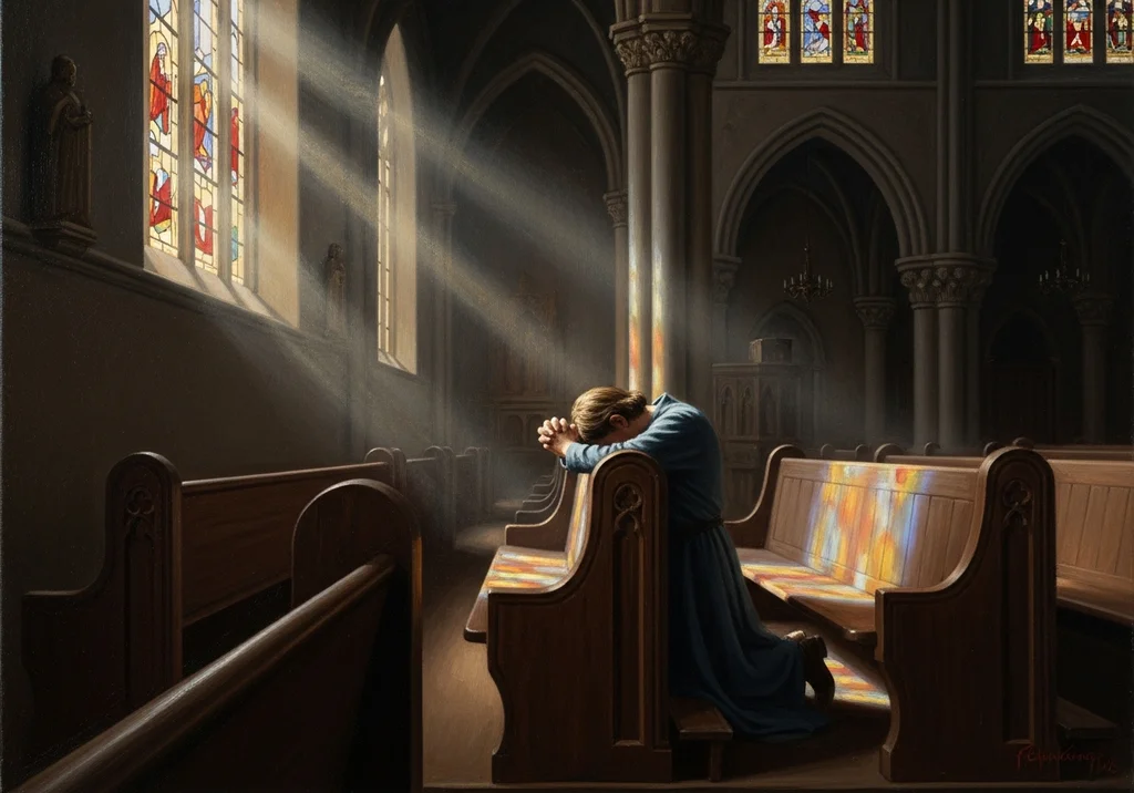 Mężczyzna klęczy w kościele, modląc się w promieniach słońca wpadających przez witraże.