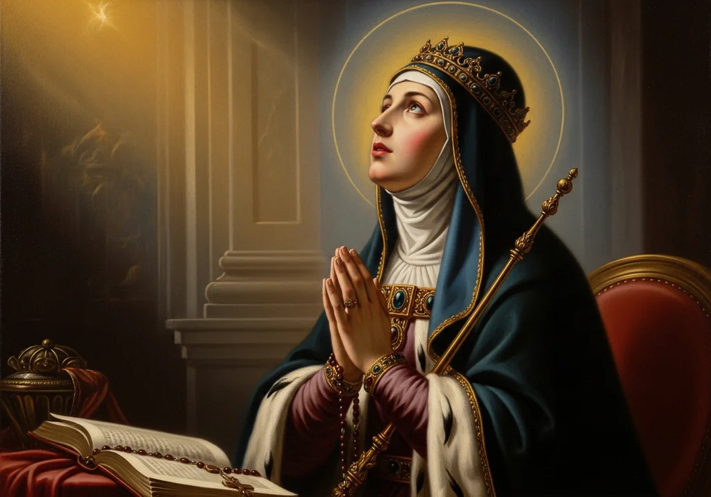 Św. Jadwiga Królowa modląca się w koronie i płaszczu ze złotym berłem.