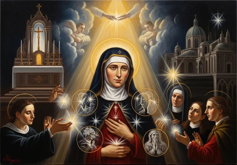 Obraz religijny przedstawiający św. Jadwigę Królową otoczoną innymi postaciami i symbolami wiary.