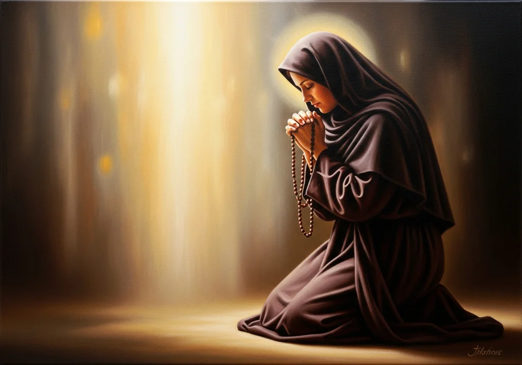 Modląca się kobieta w habicie z różańcem, z aureolą nad głową.