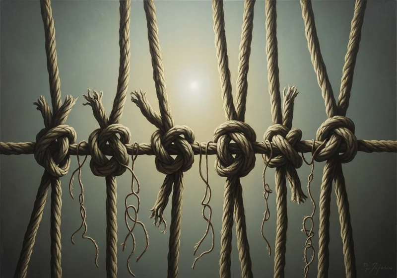 Sześć mocnych węzłów na linie, z których niektóre są postrzępione, symbolizujące pułapki w modlitwie.