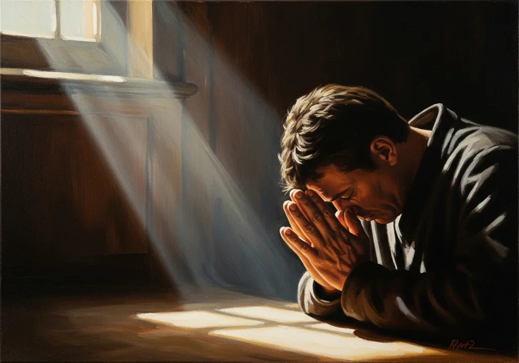 Mężczyzna modli się, pochylając głowę w promieniach światła.