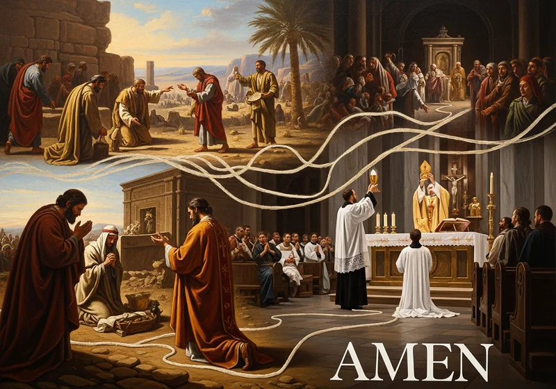 Scena biblijna ze Starego i Nowego Testamentu, z napisem 