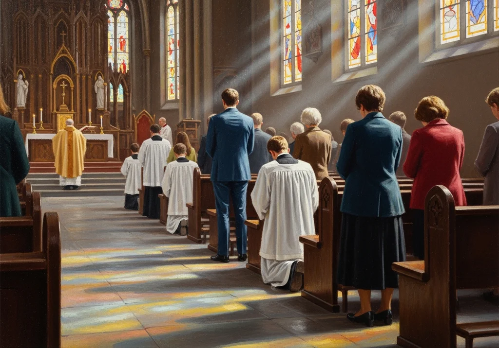 Ludzie klęczą i stoją w kościele podczas mszy.