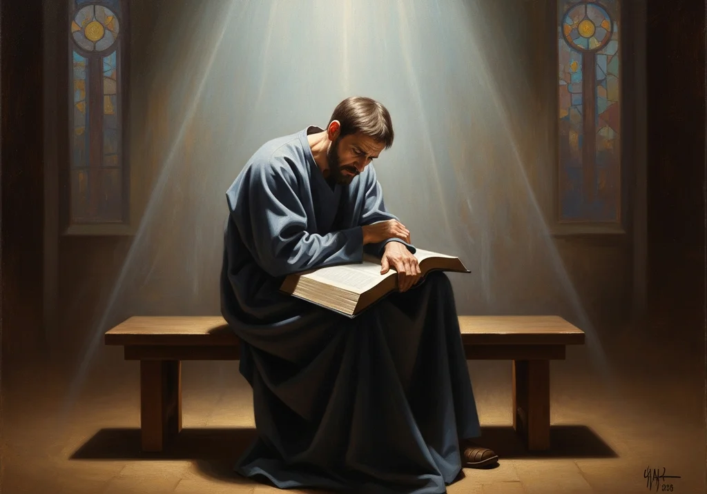Mężczyzna w niebieskiej szacie siedzi na ławce i czyta Biblię w świetle padającym z okna.