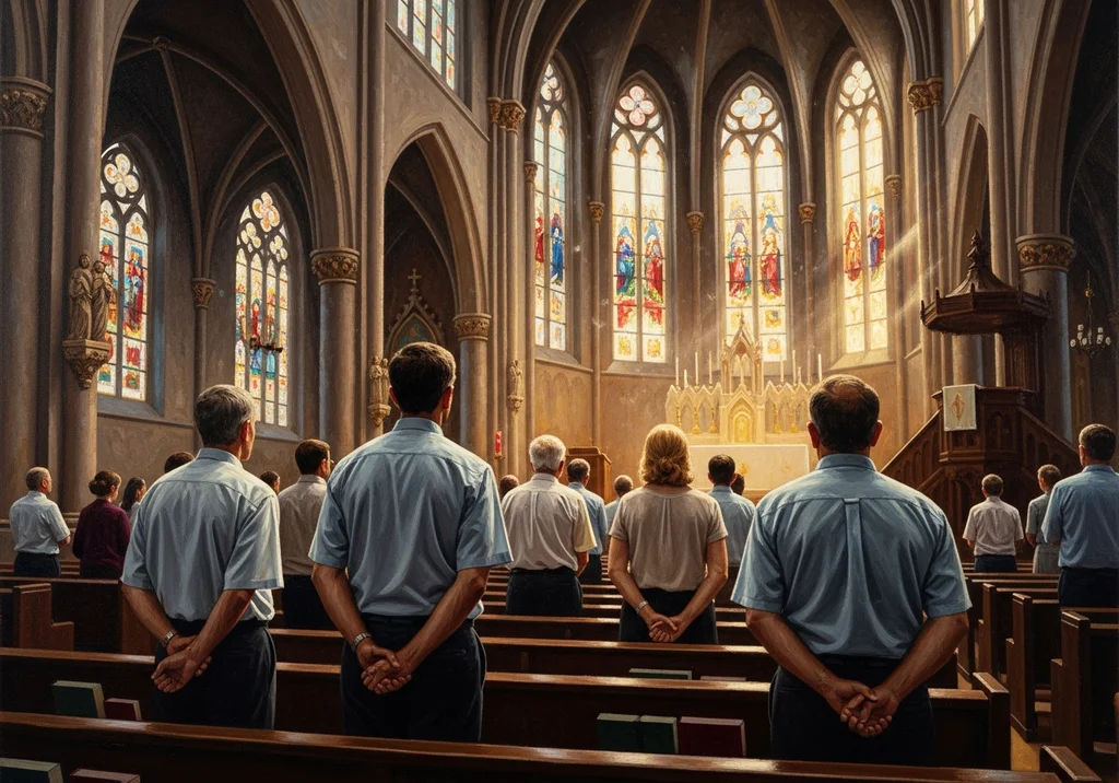 Ludzie stojący w kościele przed ołtarzem i witrażami.