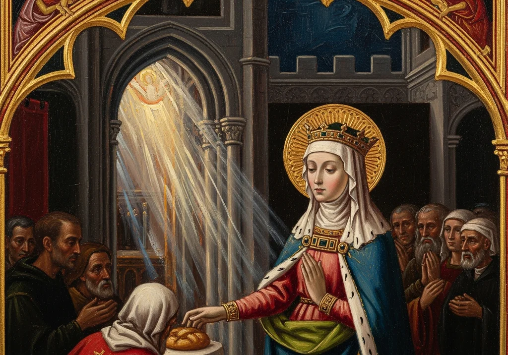 Święta Blanka w koronie, w białym welonie, podaje chleb ubogiej osobie.