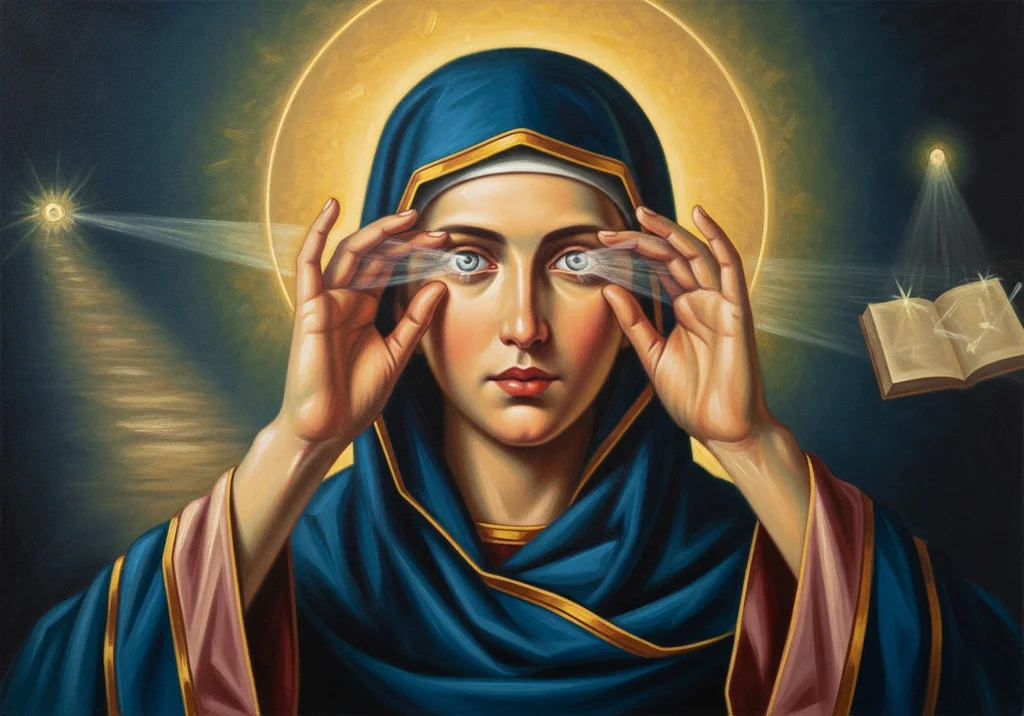 Św. Otylia z nimbem na tle mrocznego nieba, z dłońmi na oczach.