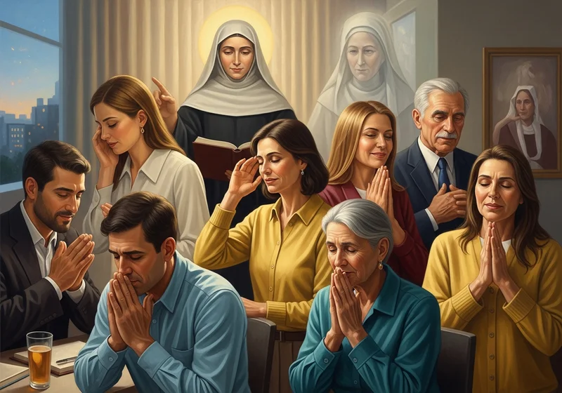 Grupa ludzi modli się podczas mszy.