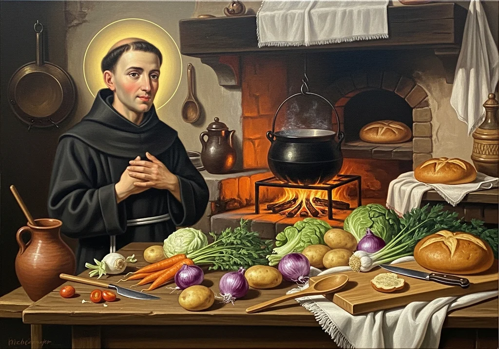 Św. Paschalis Baylon w kuchni z warzywami i garnkiem nad ogniem.