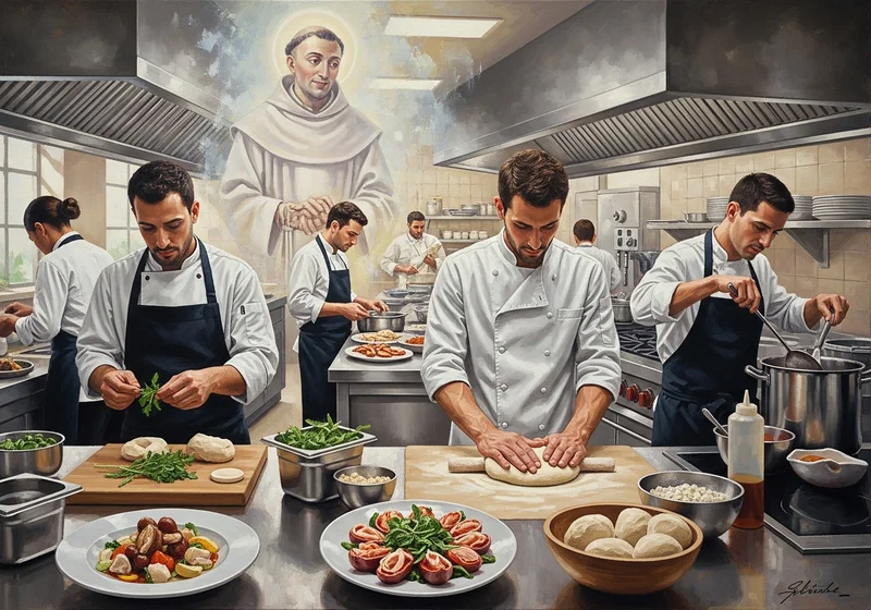 Św. Paschalis Baylon błogosławi kucharzy w kuchni, inspirując ich do pracy w służbie.
