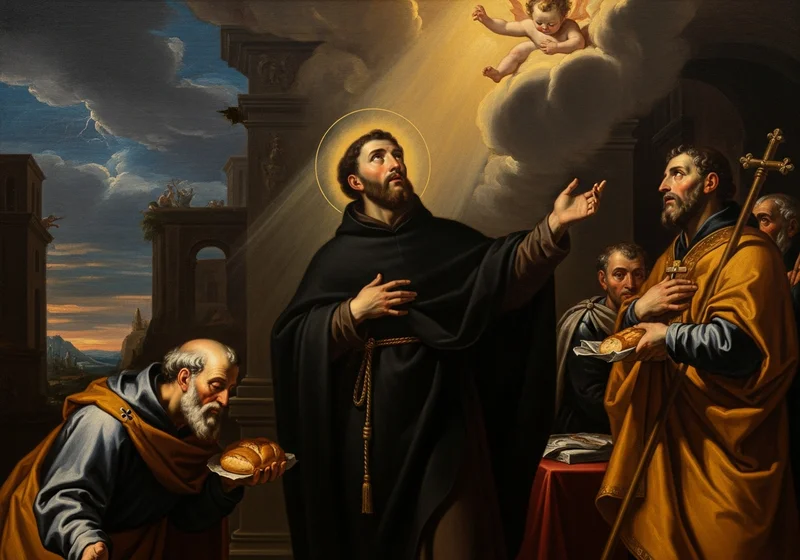 Św. Stanisław z wysuniętą ręką i aniołem nad nim, na tle cerkwi.