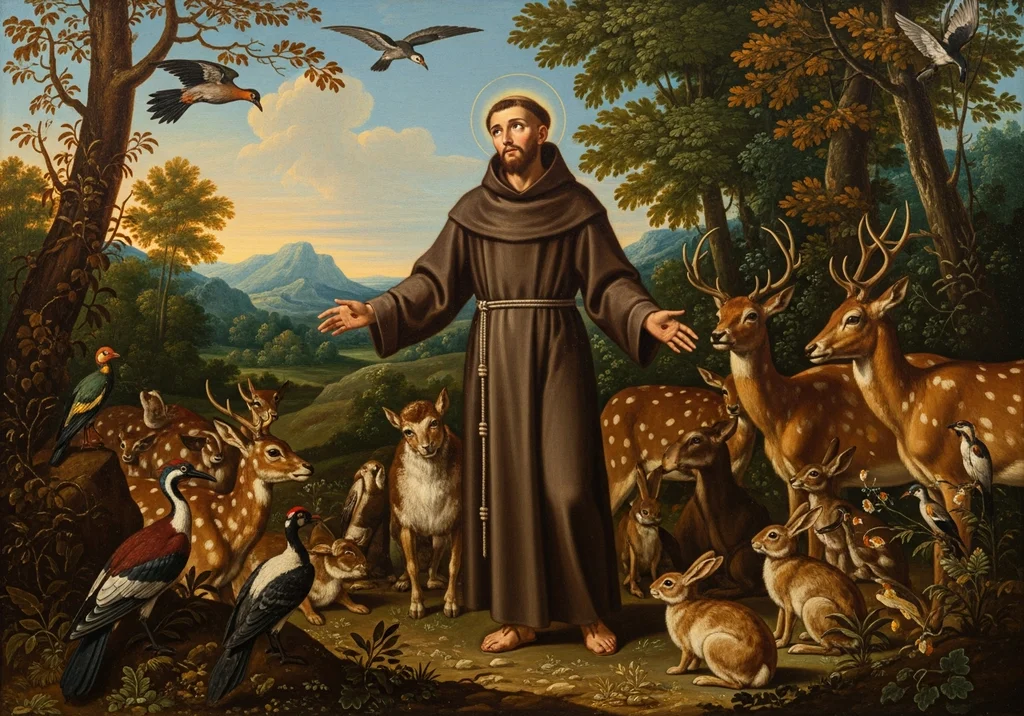 Św. Franciszek otoczony przez zwierzęta w pastoralnym krajobrazie.