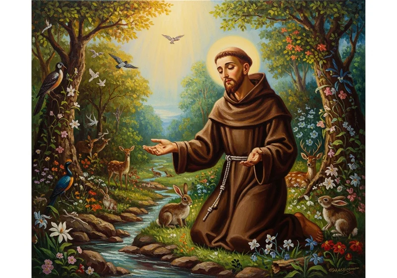 Św. Franciszek klęczy na skraju strumienia, otoczony zwierzętami i ptakami, w promieniach słońca.