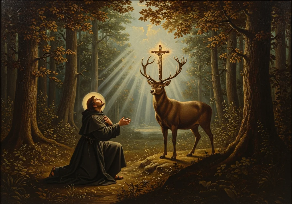 Św. Hubert klęczy przed jeleniem z krzyżem między rogami w lesie.