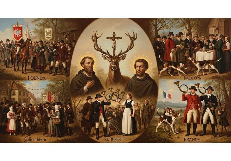 Ilustracje tradycji łowieckich z różnych krajów, w tym Polska, Niemcy i Francja.