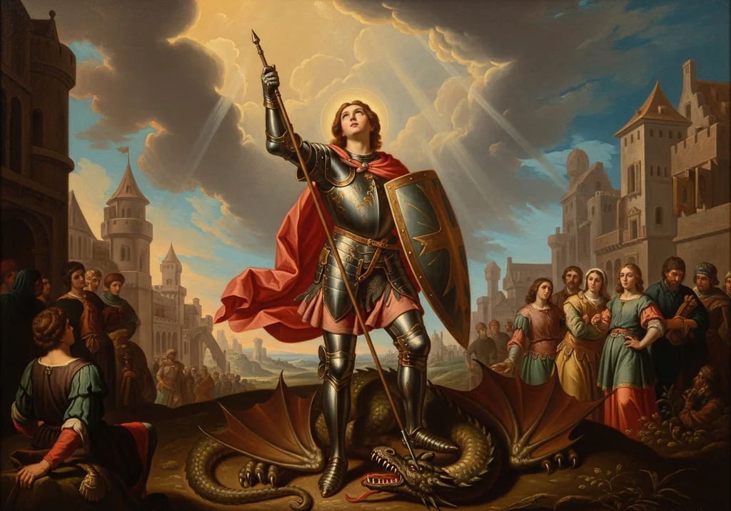 Św. Jerzy w zbroi, ze świętością nad głową, przebija włócznią smoka na tle miast.