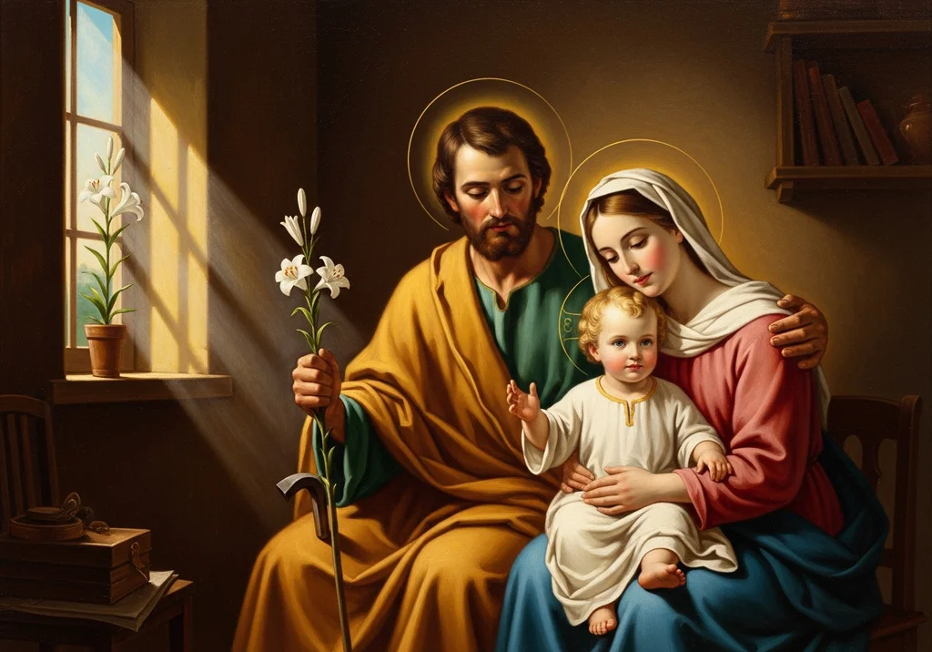 Święta Rodzina: Józef, Maryja i mały Jezus, otoczeni światłem i symboliką lilii.