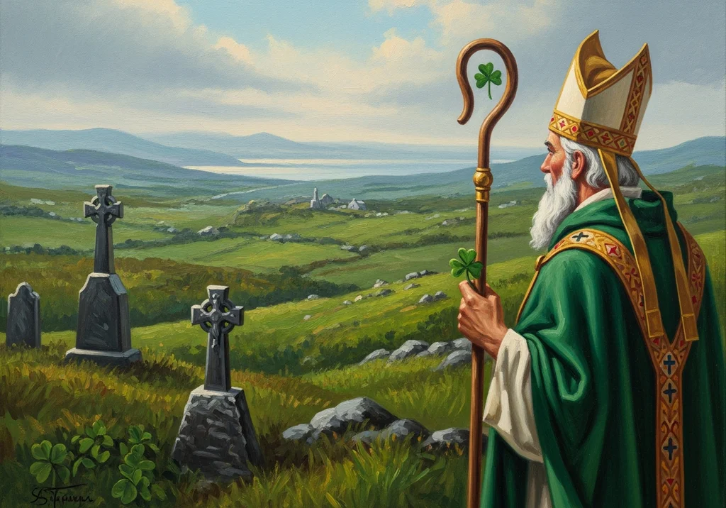 Św. Patryk z pasterskim kosturem i koniczyną na tle irlandzkiego krajobrazu.