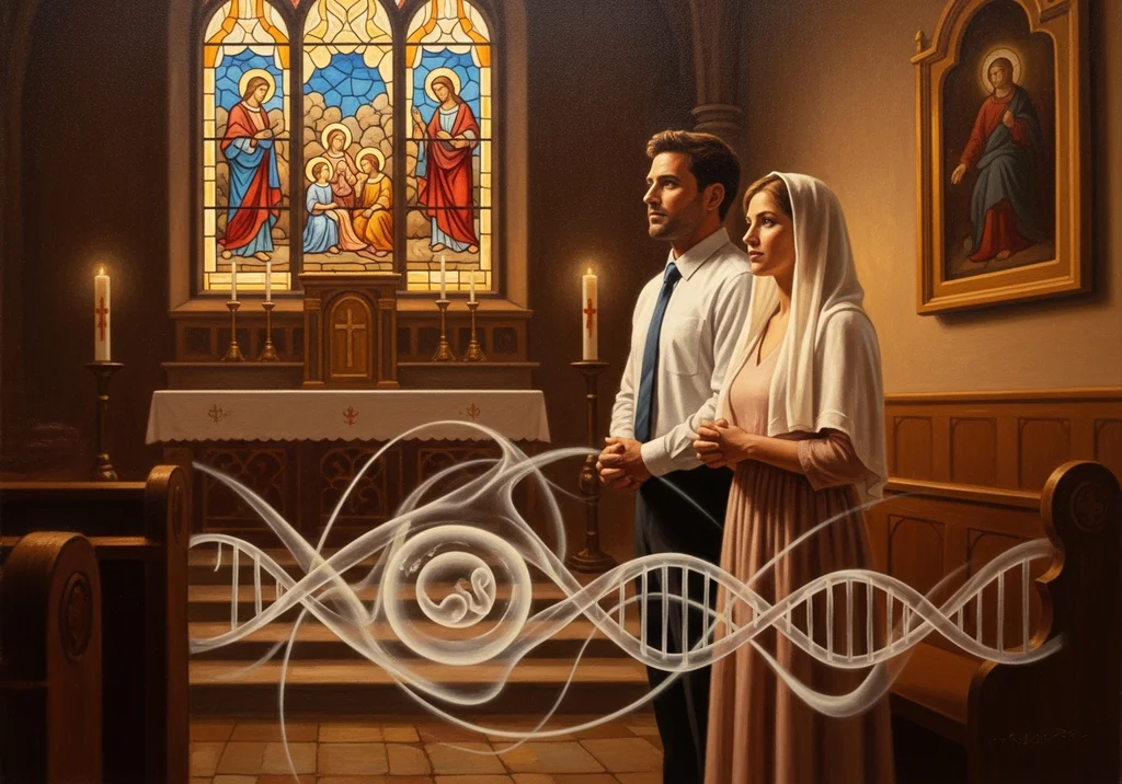 Para w kościele modli się o płodność, nad nimi stylizowana nić DNA i płód.