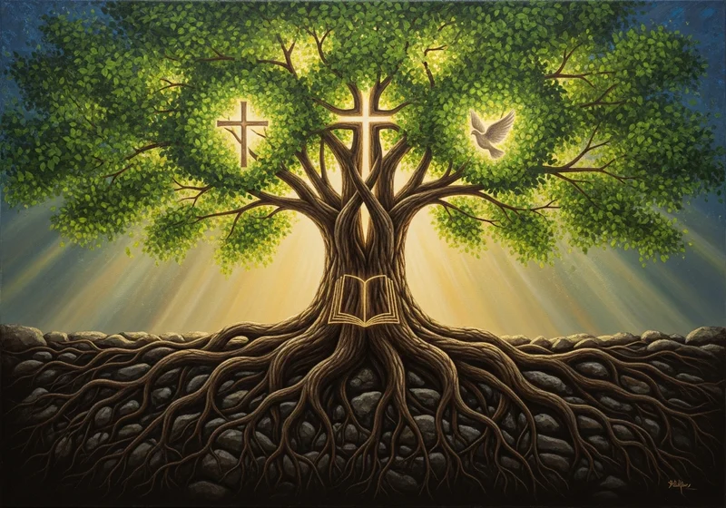 Drzewo życia z korzeniami, Biblią, krzyżem i gołębicą.