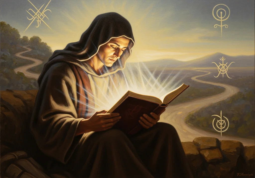 Mnich w kapturze czyta świętą księgę, z której emanuje światło. Droga i symbole na niebie.