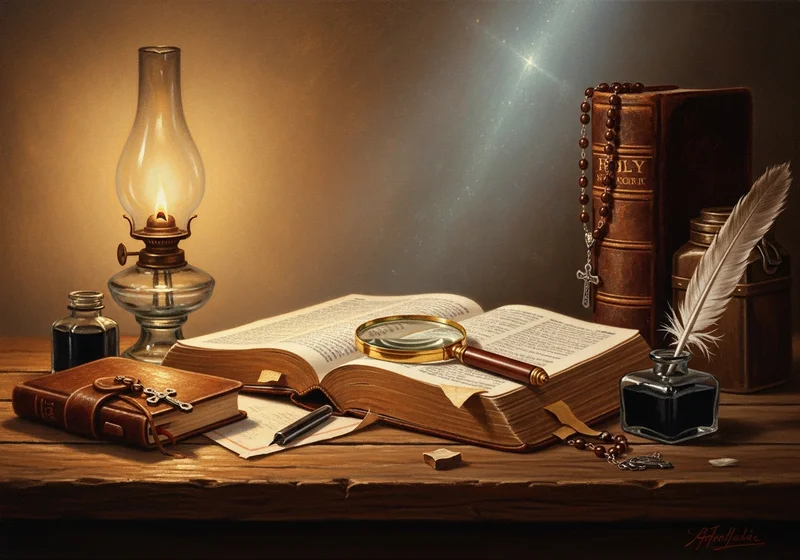 Księgi, lampa, lupa, pióro i krucyfiks – narzędzia do studiowania Pisma Świętego.
