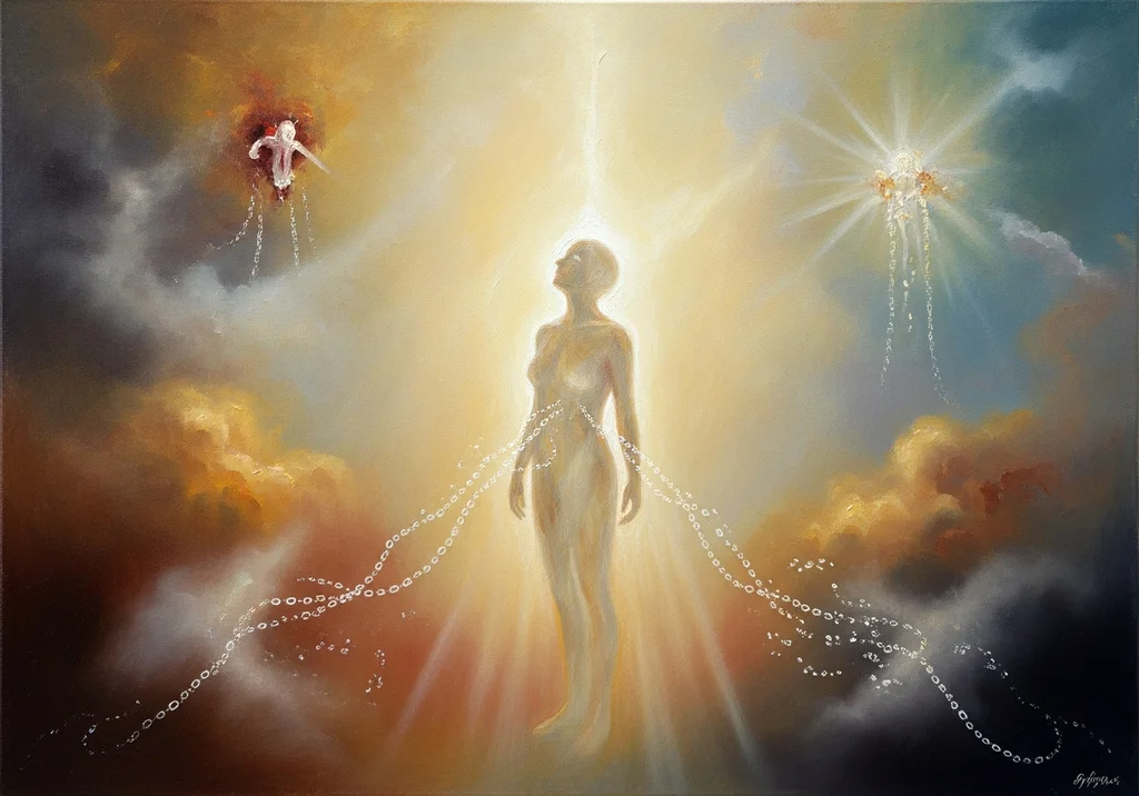 Ilustracja metafizyczna: uduchowiona postać w świetle, od której odchodzą łańcuchy, symbolizujące przejście.