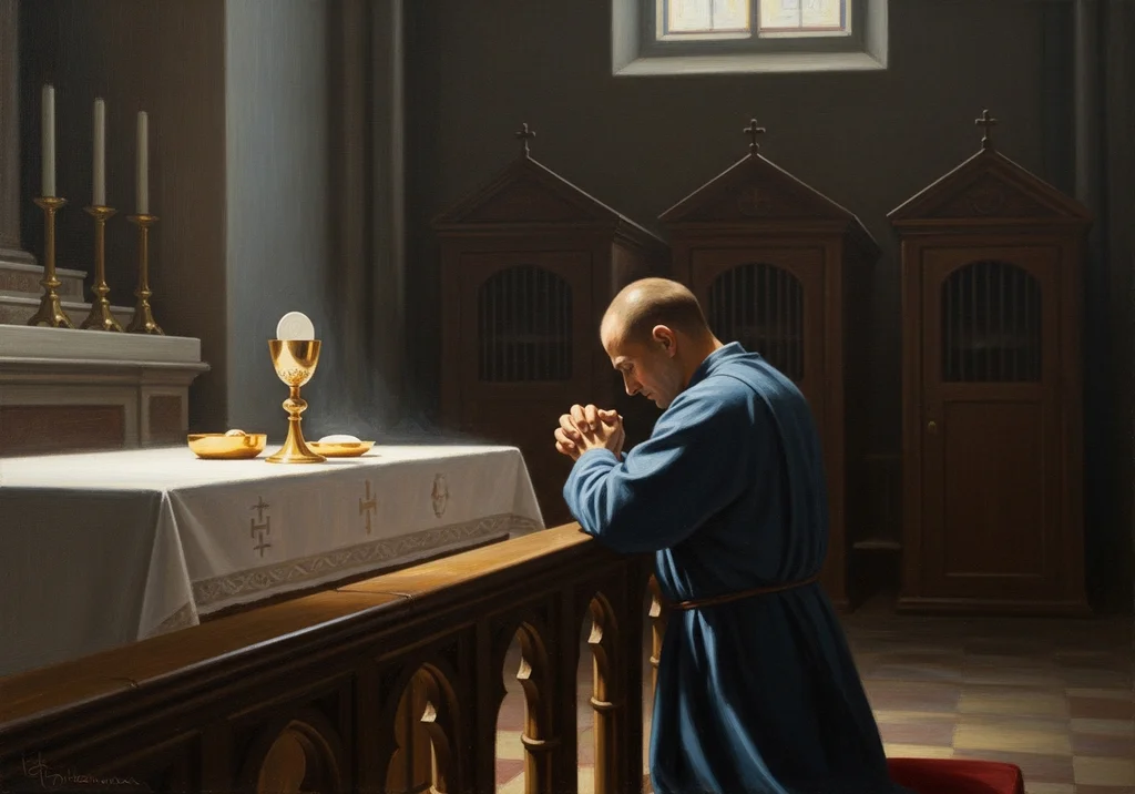 Mężczyzna w niebieskiej sutannie klęczy przed ołtarzem w kościele, modląc się.