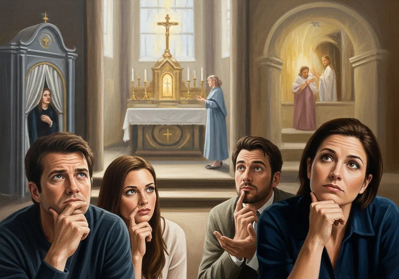 Ludzie w kościele zamyśleni podczas nabożeństwa.