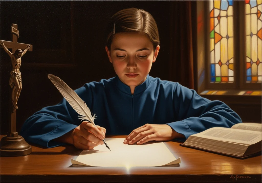 Chłopiec w niebieskiej albie pisze gęsim piórem przy biurku, obok krzyż i księga.