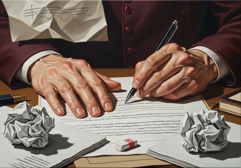 Ręce piszą podanie o bierzmowanie, na biurku stosy kartek i gumka.
