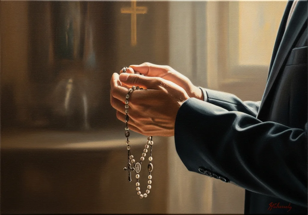 Dłonie mężczyzny w garniturze odmawiające różaniec w pobliżu krzyża.