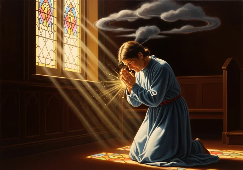 Osoba klęczy w modlitwie w kościele, oświetlona promieniami słońca ze stained-glass.