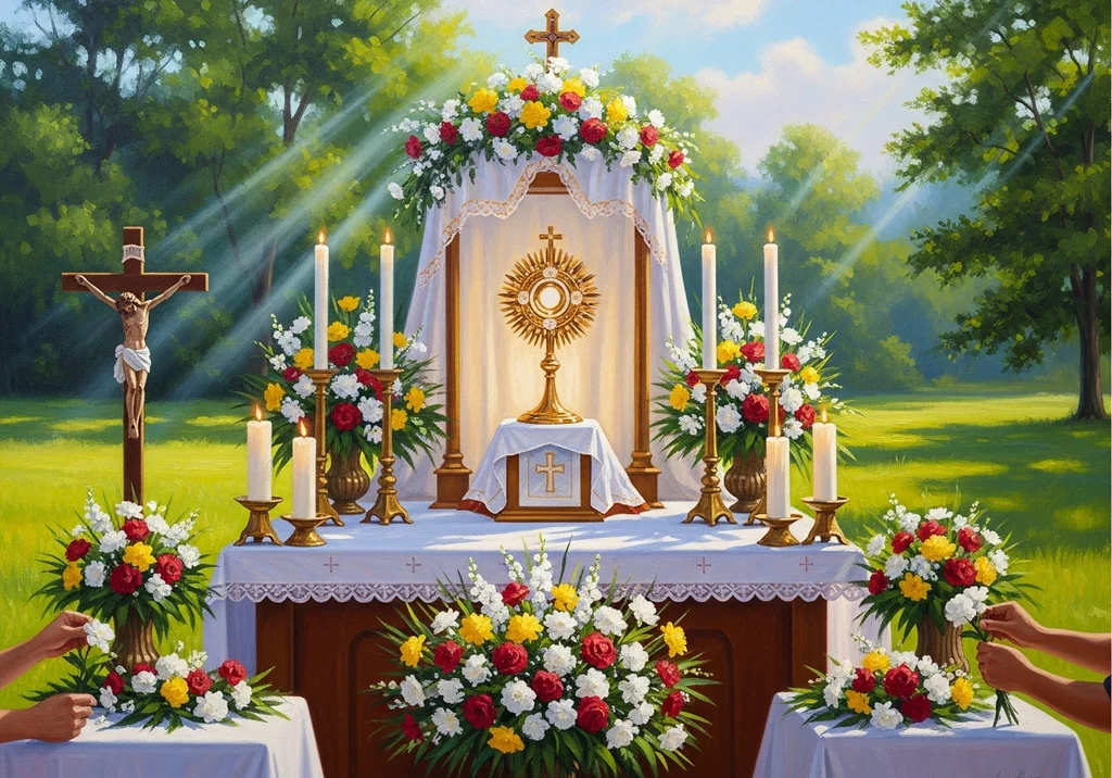 Ołtarz polowy ozdobiony kwiatami, świecami i relikwiarzem podczas procesji Bożego Ciała.