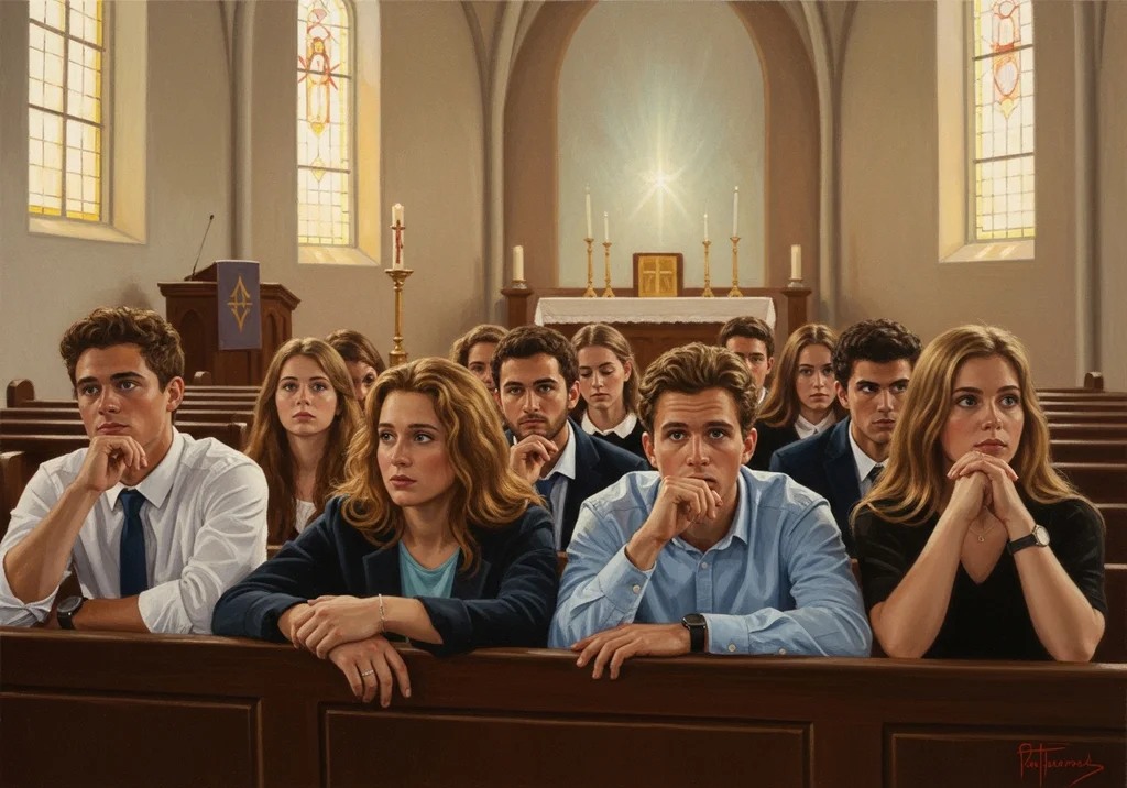 Młodzi ludzie siedzą w kościele, skupieni i zadumani, w oczekiwaniu na bierzmowanie.