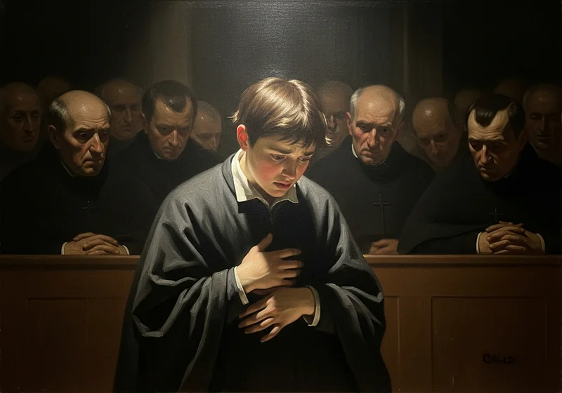 Chłopiec w czarnej szacie klęczy, otoczony przez starszych mężczyzn w czarnych strojach z krzyżykami.