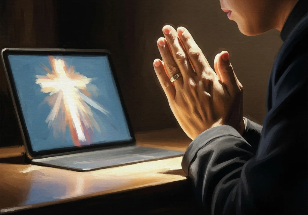 Dłonie złożone do modlitwy przed ekranem laptopa z obrazem krzyża.
