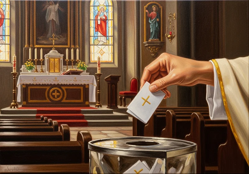 Dłoń w sutannie wrzuca datki z krzyżem do ozdobnego pojemnika.