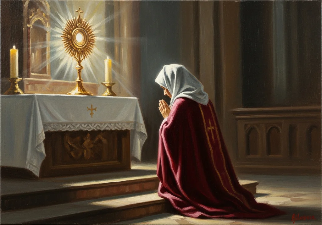 Kobieta w czerwonej szacie i białym welonie klęczy w adoracji przed wystawionym Najświętszym Sakramentem.