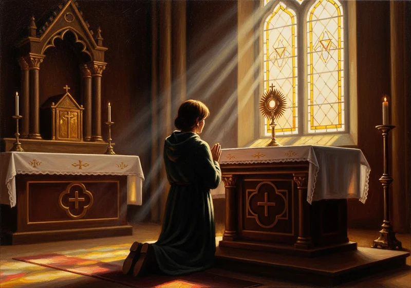 Kobieta w habicie klęczy w kościele przed ołtarzem z monstrancją, w promieniach światła.