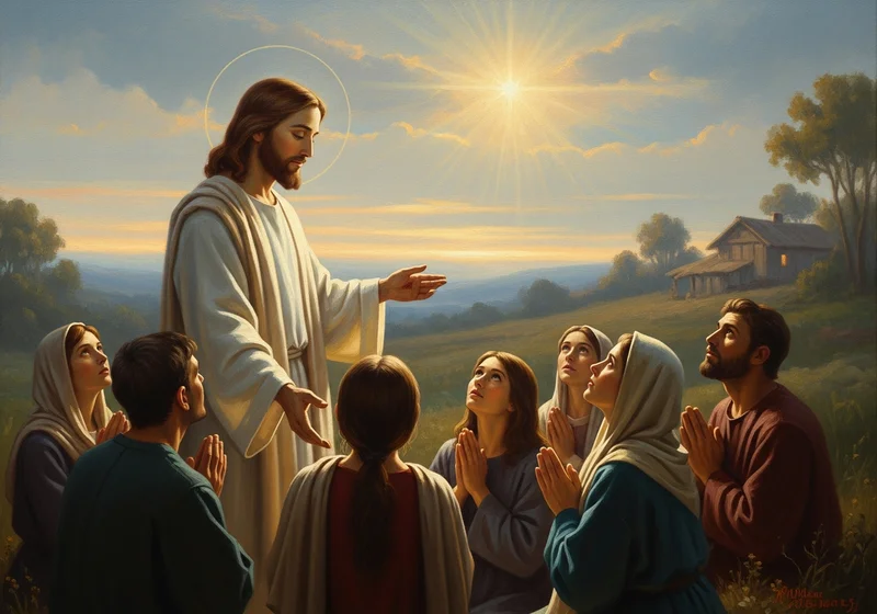 Jezus naucza grupę ludzi modlitwy na tle krajobrazu.