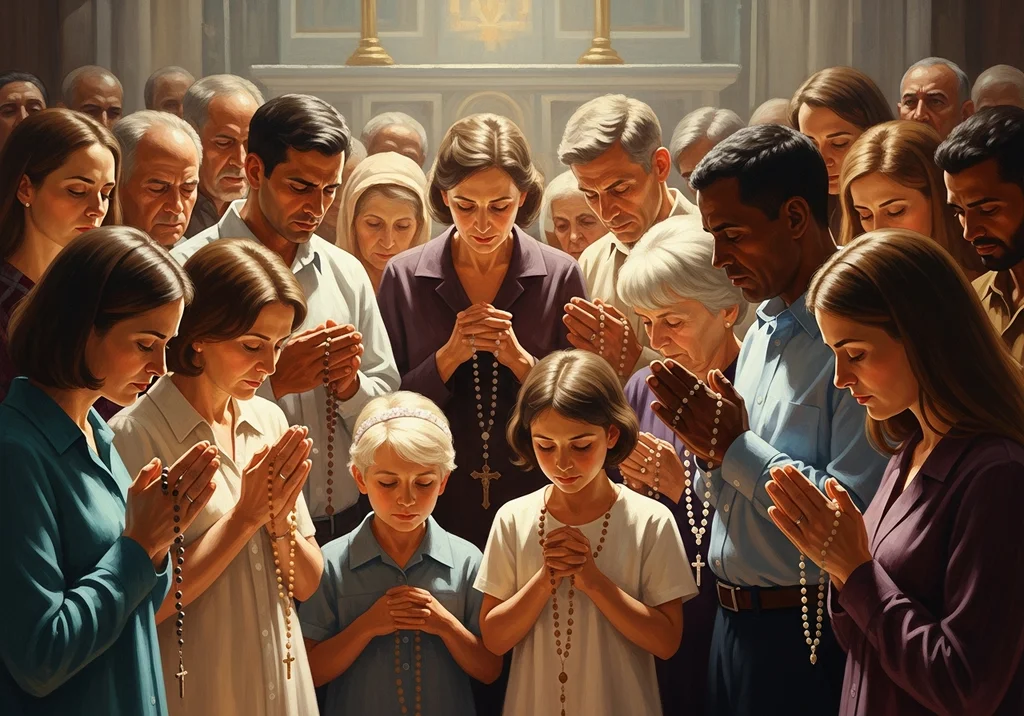 Ludzie modlący się na różańcu w kościele, pogrążeni w skupieniu.