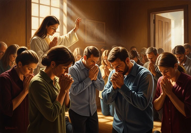 Ludzie klęczący w kościele i modlący się z rękami złożonymi do modlitwy.