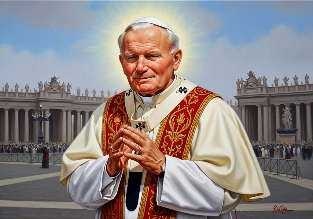Portret św. Jana Pawła II z rozłożonymi rękami w Watykanie.