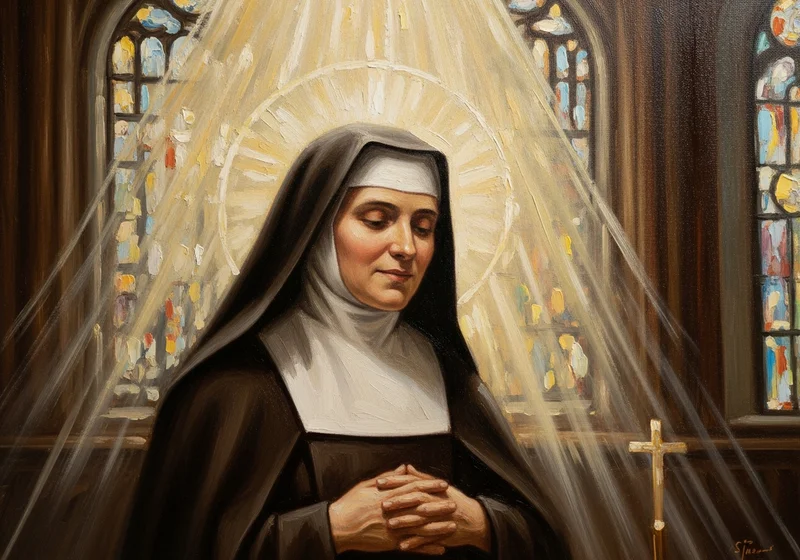 Obraz zakonnicy ubranej w habit, z aureolą, klęczącej przed krucyfiksem.