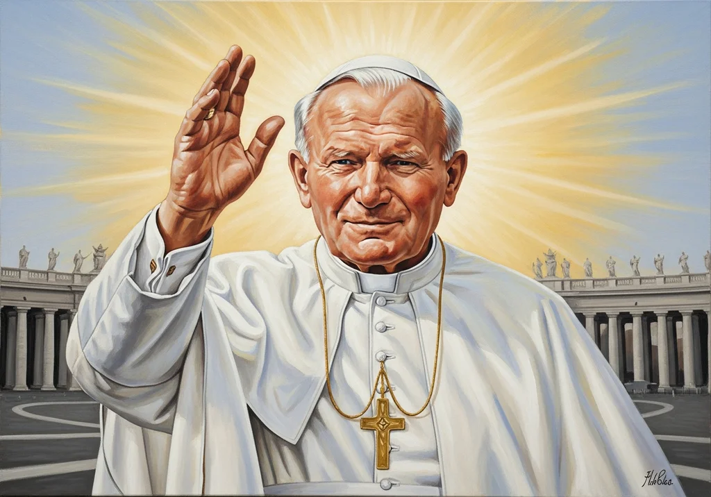 Portret św. Jana Pawła II w białej szacie, z podniesioną dłonią i złotym krzyżem.