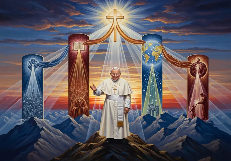 Św. Jan Paweł II na tle krzyża, nieba i symbolicznym przedstawieniem Kościoła.